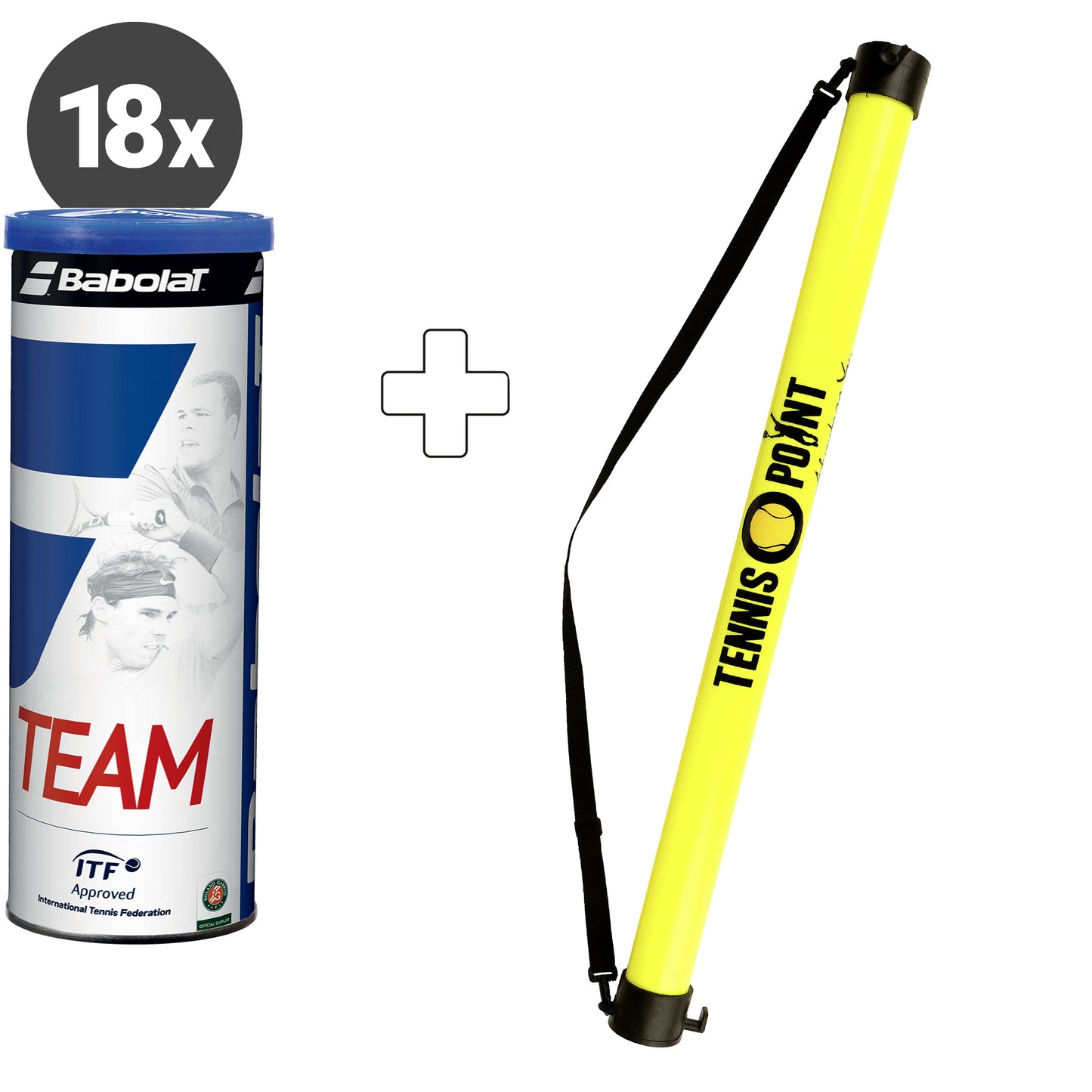 Babolat 18 tubes de 4 Team + ramasse balles forme tube Babolat 18 tubes de 4 Team + ramasse balles forme tube