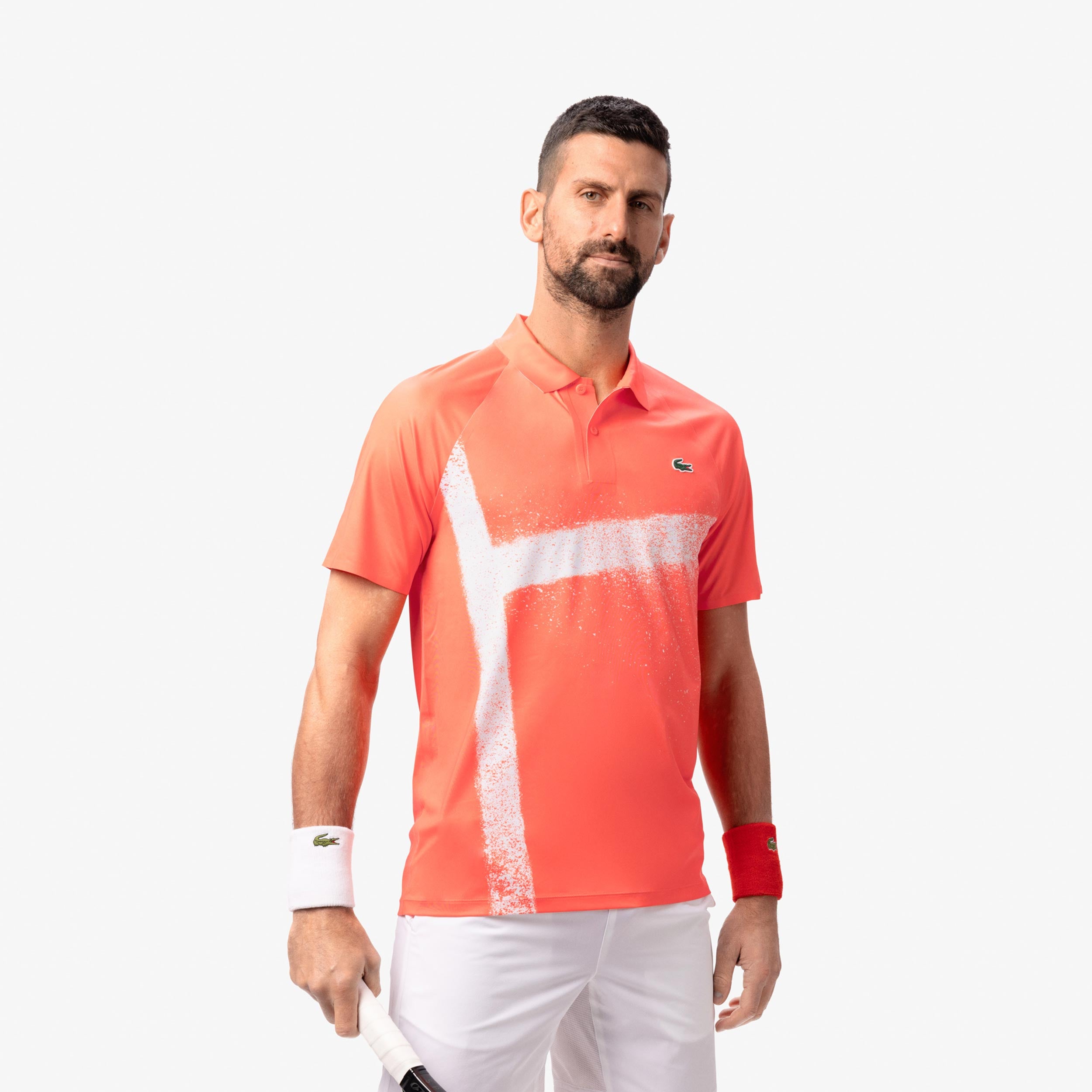 【新品】CLUBHAUSxLacoste Sport Polo Djokovic Polo Hommes-Corail,Blanc | Tennis-Point