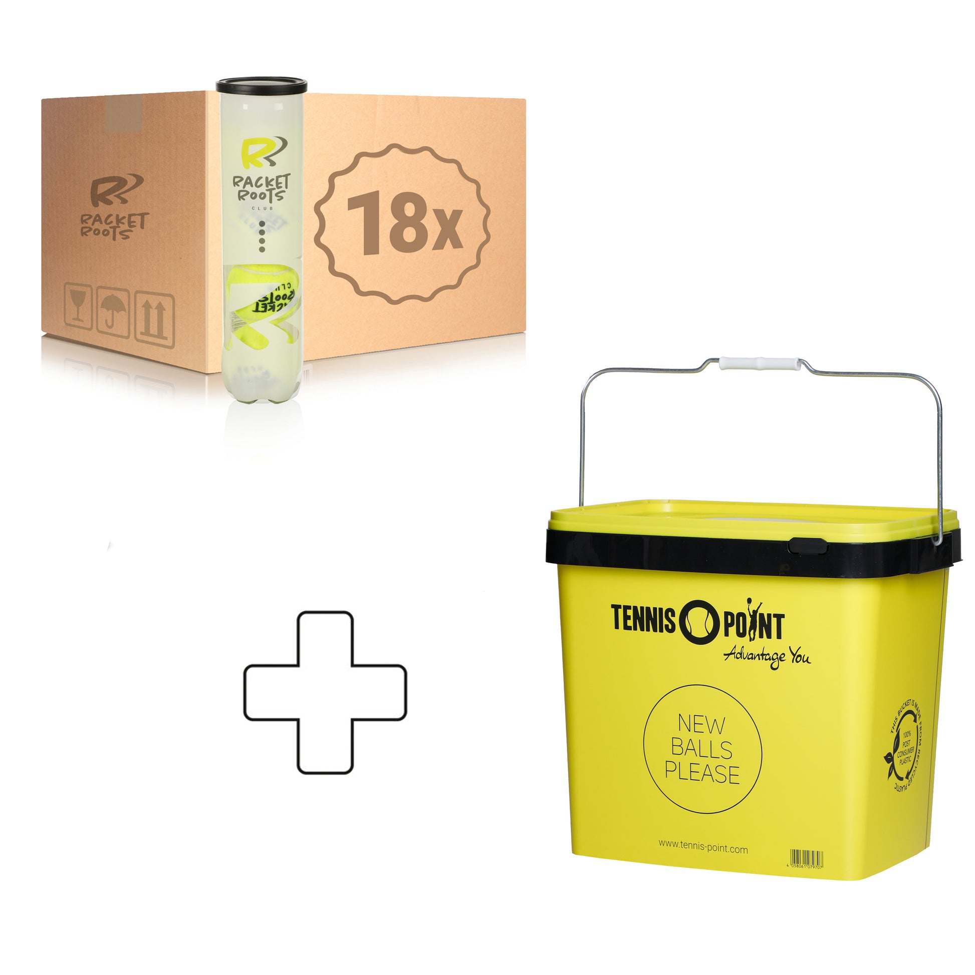 Racket Roots 18 tubes de 4 Club Tennisball + seau à balles
