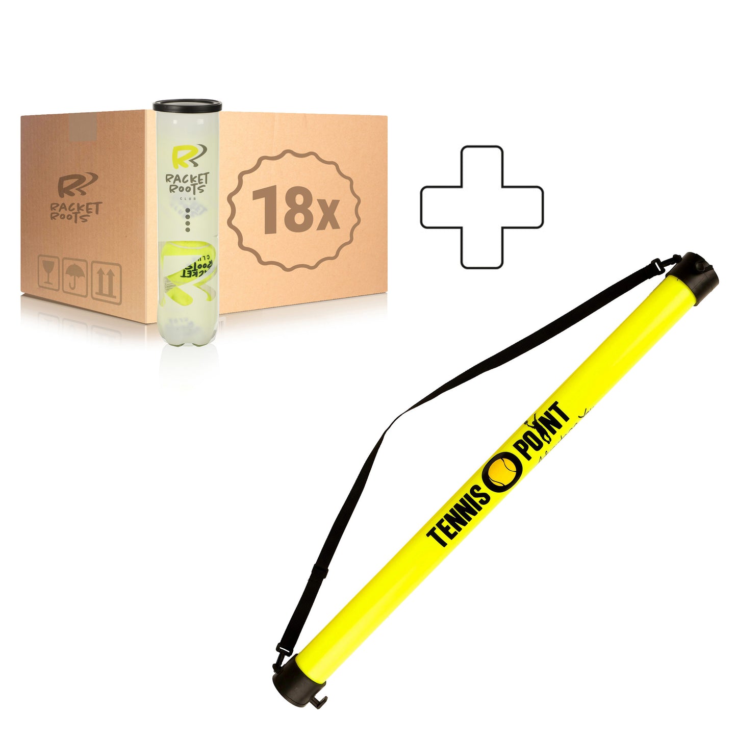 Racket Roots 18 tubes de 4 Club Tennisball + ramasse balles forme tube