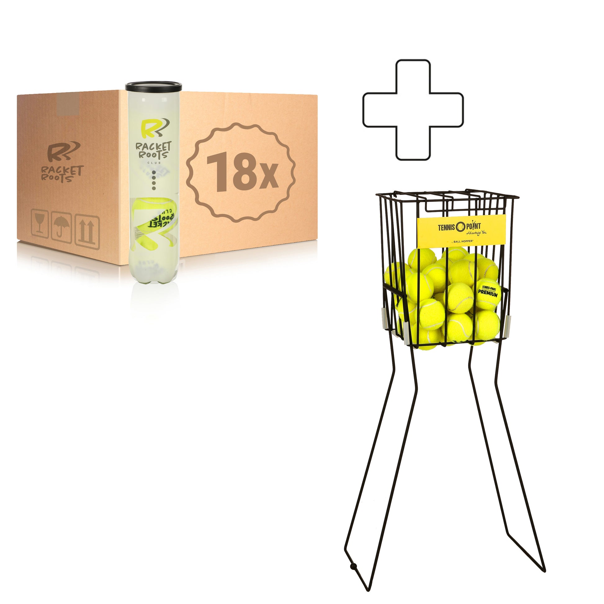Racket Roots 18 tubes de 4 Club Tennisball + panier ramasse balles