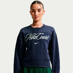 V&ecirc;tements de tennis Nike Nike Court Fleece Crew Sweat-shirt Femmes-bleu fonc&eacute;, cr&egrave;me