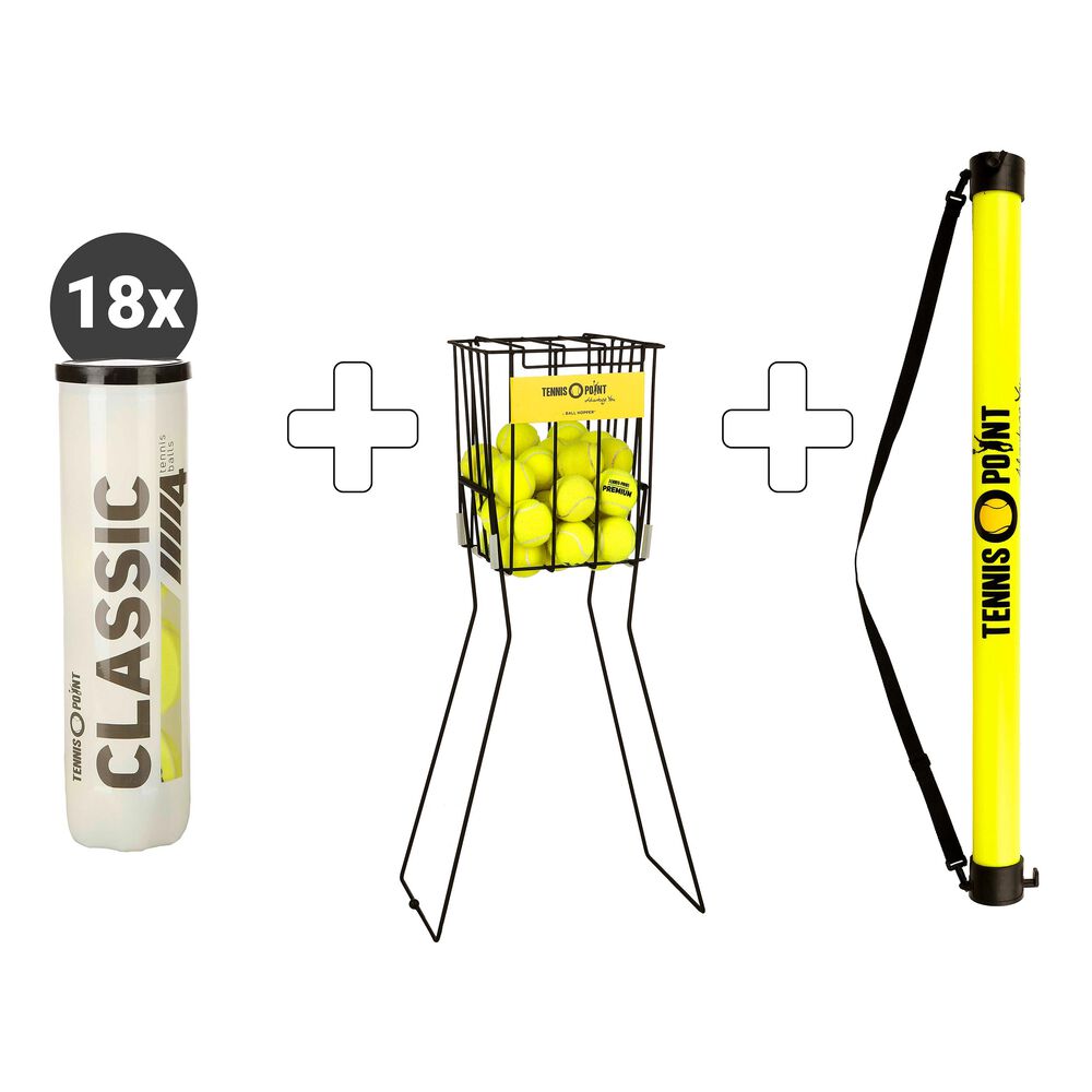 Tennis-Point Classic Tennisball 18 Tubes De 4 + Panier Ramasse Balles, + Ramasse Balles Forme Tube