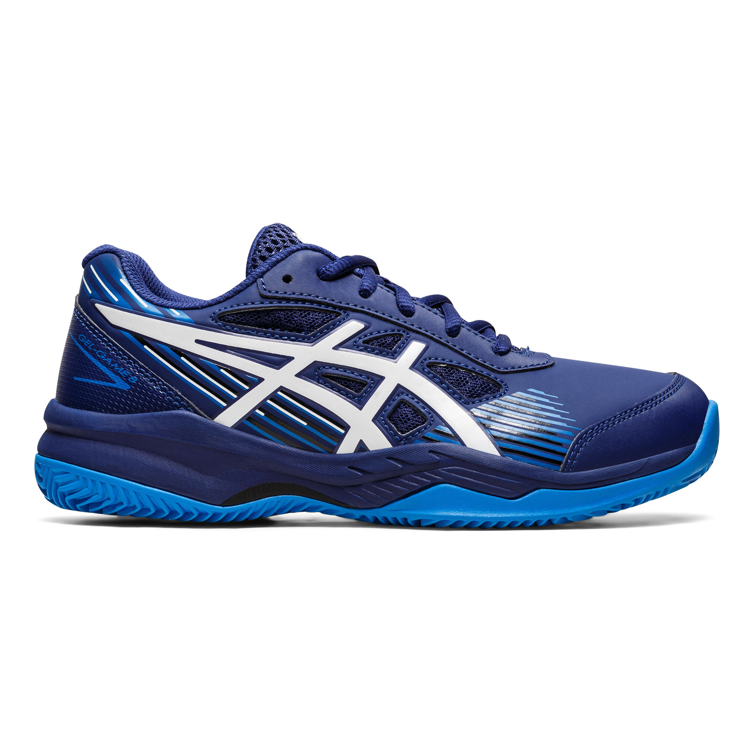 Gel Game 8 GS Chaussure Terre Battue Enfants Bleu Blanc