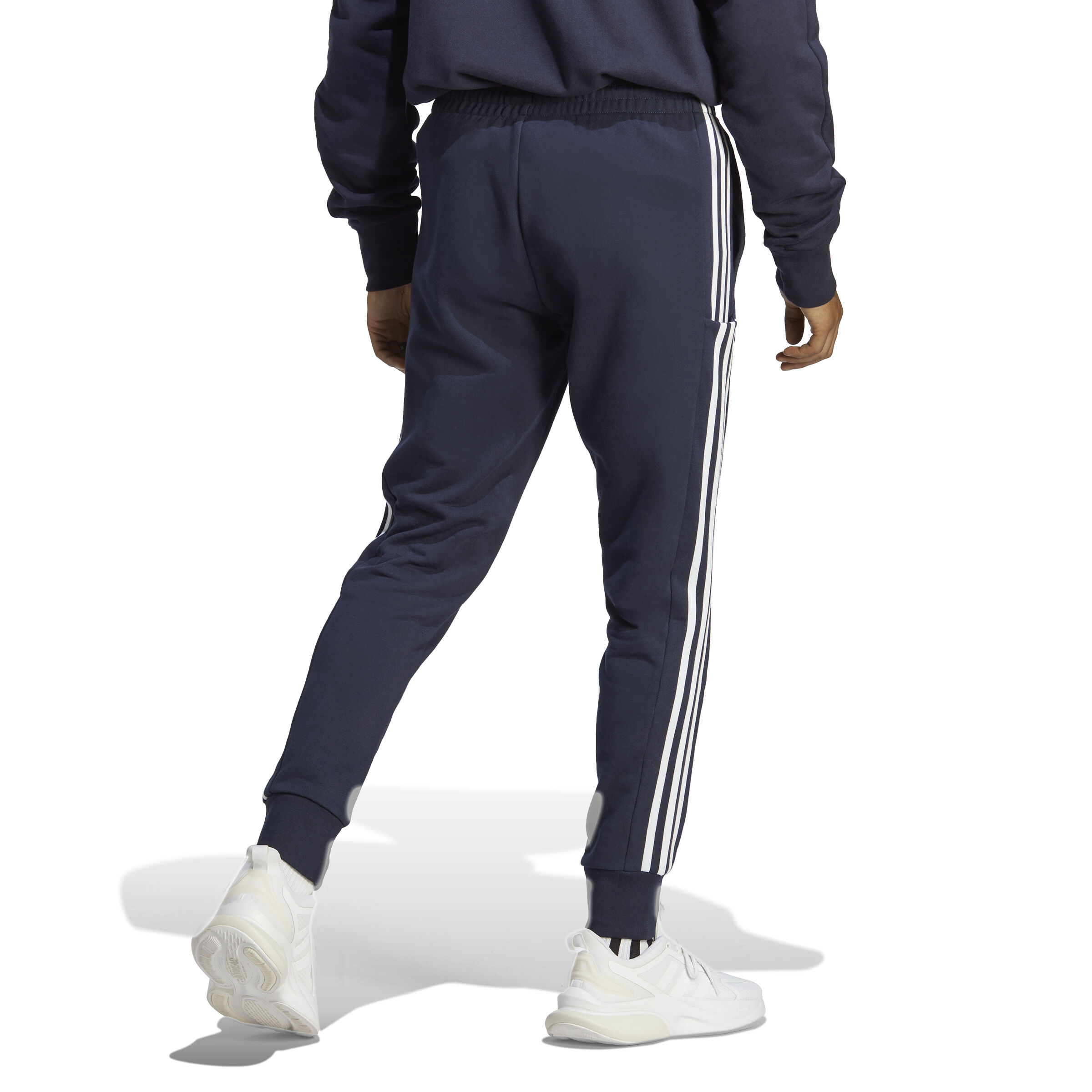 Essentials French Terry Tapered Cuff 3 Stripes Pantalon Survetement Hommes Bleu Fonce Blanc
