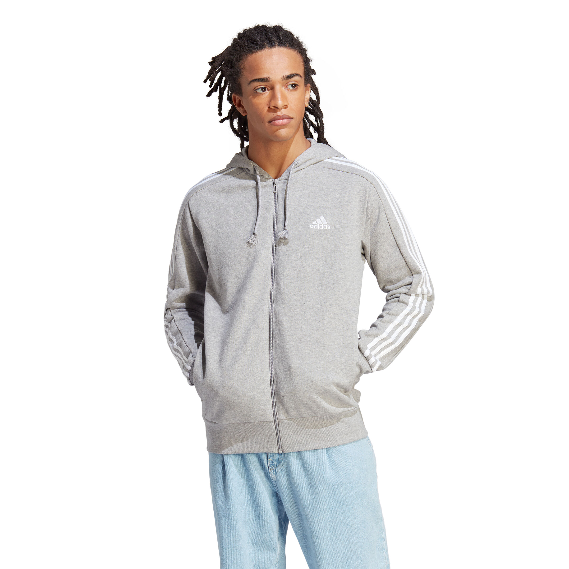 Buy adidas Essentials French Terry 3 Stripes Full Zip Gilet En Coton Hommes Gris Clair Blanc online Tennis Point FR